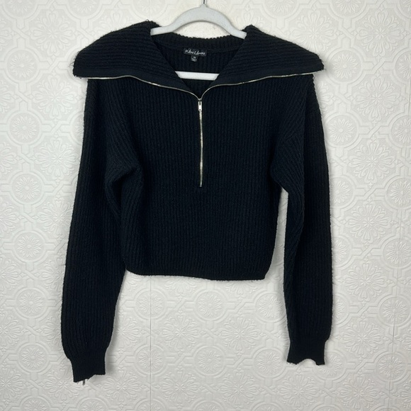 For Love & Lemons Quarter Zip Sweater Pullover Black Ribbed Slouchy Half Cropped - Picture 4 of 10